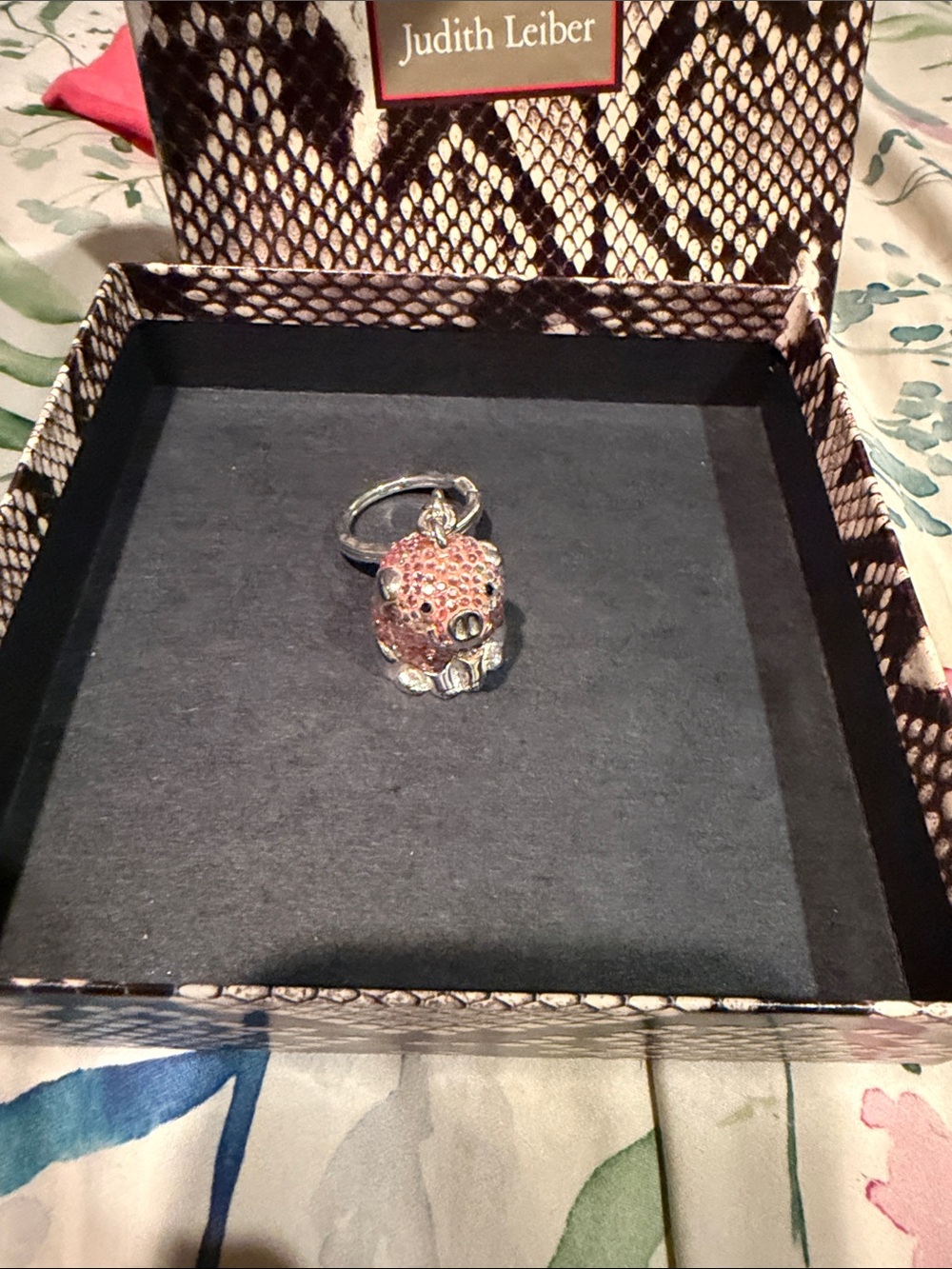 Judith Leiber Pink Crystal Pig Keyring Charm